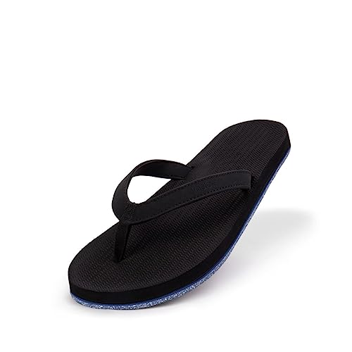 Indosole Women's Sneaker Sole Flip Flops [Recycled Sole, Natural Rubber Footbed, Arch Support, Light and Flexible, Waterproof, Made Responsibly], Size 8-9, Black/Blue Sole