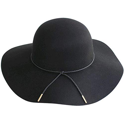Lanzom Women Lady Retro Wide Brim Large Floppy Panama Hat Belt Wool Fedora Hat (A-Black, One Size)