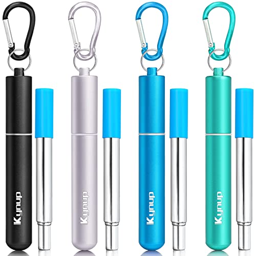 Kynup 4Packs Reusable Straws, Metal Straw with Silicon, Travel Drinking Straws with Metal Case, Keychain, Cleaning Brushes, Silicon Pcs Perfect for Travel, Gifts (20 PCS) Blue-Black-Silver-Turquoise