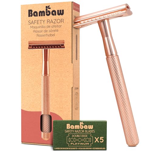 Bambaw Safety Razor for Women with 5 Double Edge Safety Razor Blades, Double Edge Razor, Reusable Razor, Plastic Free – Rose Gold